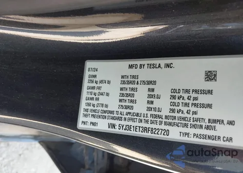 2024 Tesla Model 3 Performance All-Wheel Drive z USA, uszkodzony, nr VIN 5YJ3E1ET3RF822720